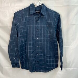 Claiborne‎ youth boy's dark blue checkered plaid button down collar shirt medium